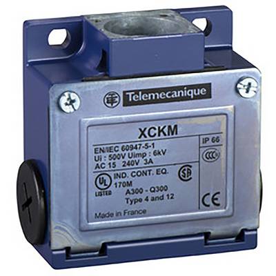 Blauer Positionsschalter von Telemecanique, Modell 'XCKM', für 240V, 3A, IP66 Schutzgrad, mit silbernem Typenschild.