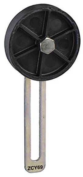 Metallstab mit großem, schwarzem Rad und Sechskantschraube. Das Rad hat sechs Speichen und ähnelt einem Türstopper oder Möbelgleiter.