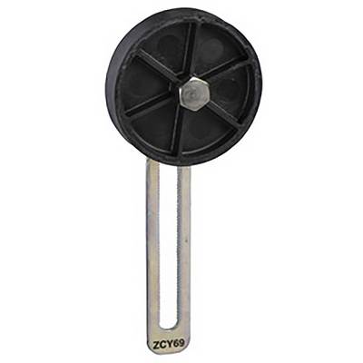 Metallstab mit großem, schwarzem Rad und Sechskantschraube. Das Rad hat sechs Speichen und ähnelt einem Türstopper oder Möbelgleiter.