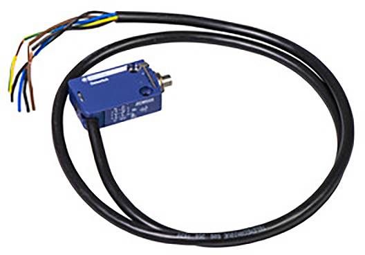 Ein blaues elektrisches Sensorkabel mit einem quadratischen Stecker und mehrere abisolierte Drähte am Ende.