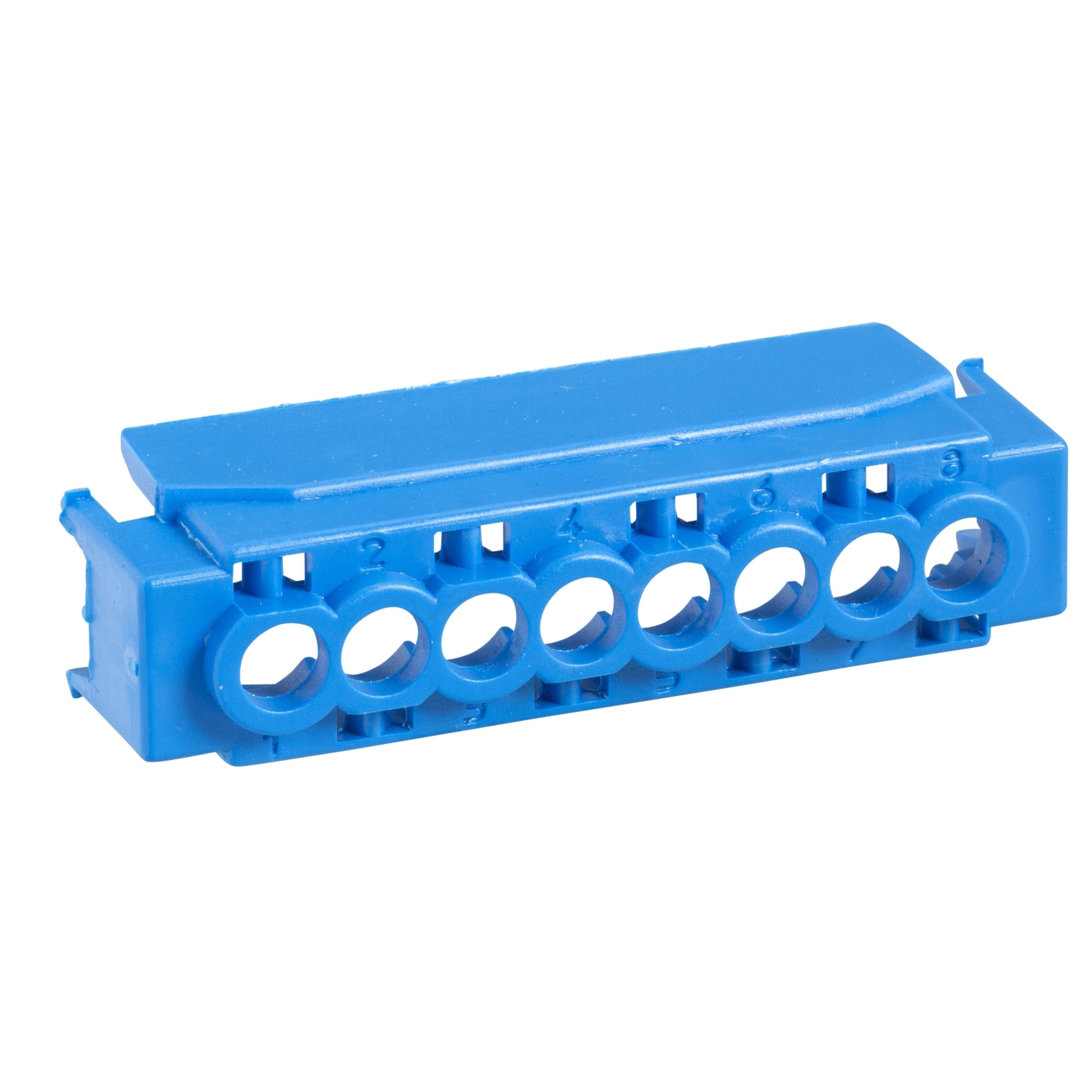 Ein blauer Kunststoff-Steckerblock mit acht kreisförmigen Öffnungen zur Verbindung von elektrischen Leitungen.