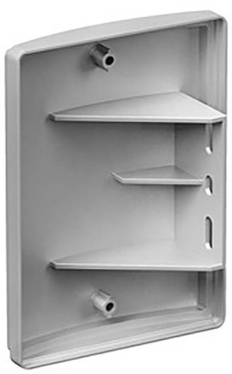 Weiße, vertikale Kunststoffbox mit offenen Fächern und Montagelöchern. Wäscheraum- oder Werkstatt-Organisierersystem.