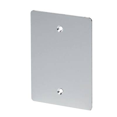 Eine rechteckige, silberne Metallabdeckplatte mit zwei zentralen Löchern zur Befestigung.