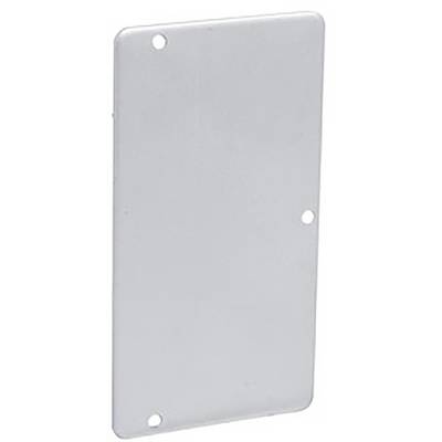 Graue, rechteckige Metallabdeckung mit vier Löchern, oft zur Abdeckung von Steckdosen oder Schaltkästen verwendet.