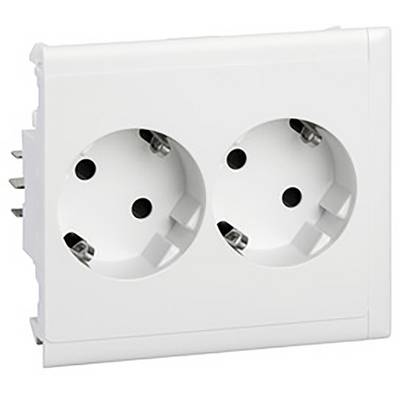 Weiße Doppelsteckdose mit zwei Schuko-Buchsen, geeignet für elektrische Steckverbindungen in Innenräumen.