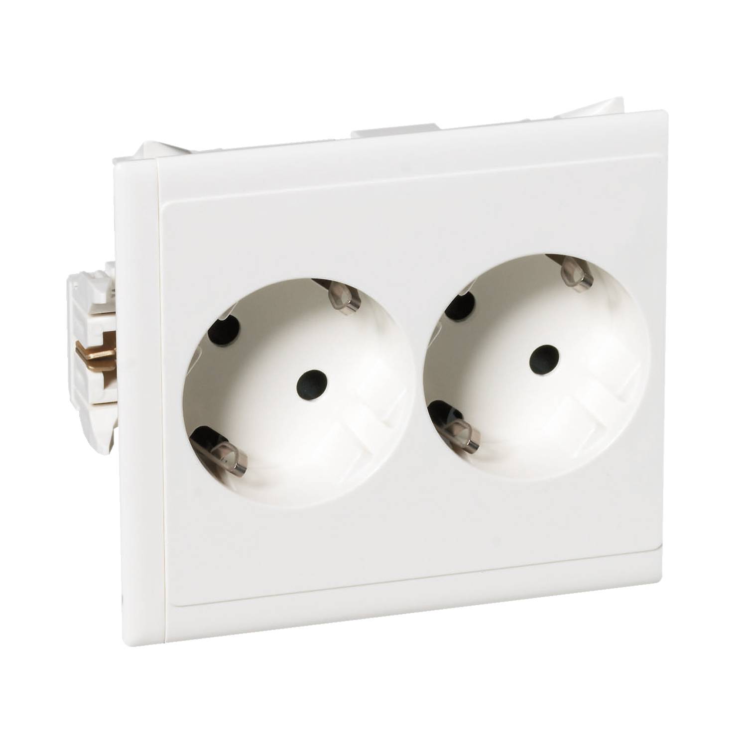 Eine weiße Doppelsteckdose, geeignet zur Wandmontage, mit zwei Steckplätzen für europäische Stecker.