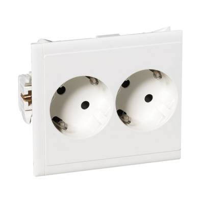 Eine weiße Doppelsteckdose, geeignet zur Wandmontage, mit zwei Steckplätzen für europäische Stecker.