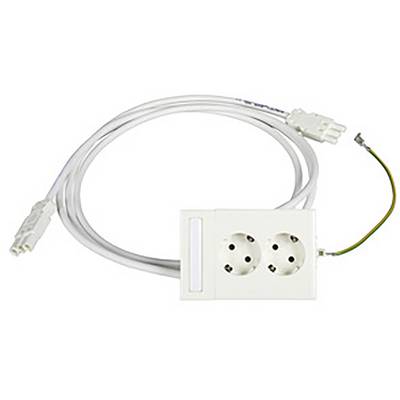 Ein weißes Doppelsteckdosenadapterkabel mit Steckdosenplatte für Elektronikanschlüsse, geeignet für europäische Stromversorgungssysteme.