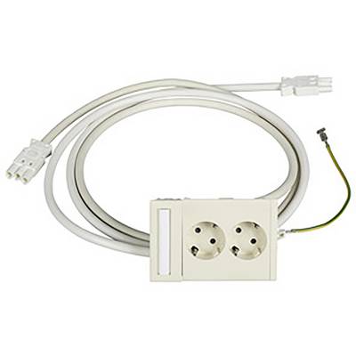 Ein elektrisches Anschlusskabel mit zwei Steckdosen und einem Flachstecker. Ein Erdungskabel ist ebenfalls zu sehen.