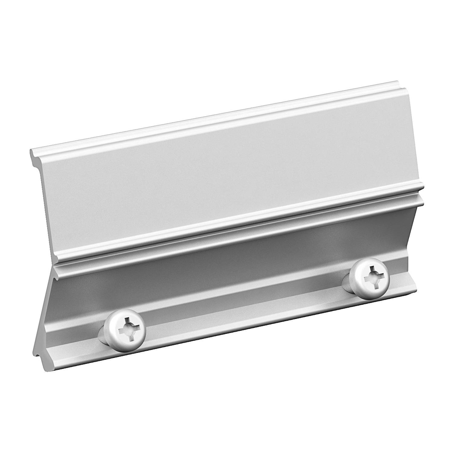 Graues Metallteil, rechteckige Form, mit schräger Kante und zwei Schraubenlöchern unten. Verwendet zur Befestigung an einer Oberfläche.