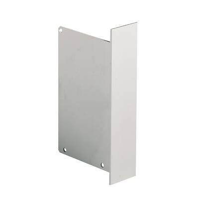 Metallplatte mit rechteckiger Aussparung, drei Befestigungslöcher an den Ecken, silberne Oberfläche. Verwendung unklar.