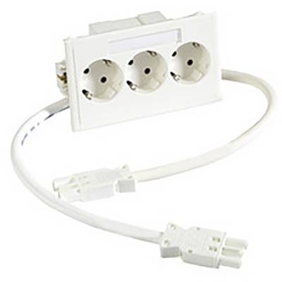 Weiße Steckdosenleiste mit drei runden Steckplätzen und einem Kabel mit zweipoligem Stecker.