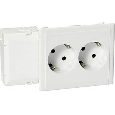 Weiße Doppelsteckdose mit zwei runden Steckplätzen, geeignet für europäische Stecker, zur Wandmontage.