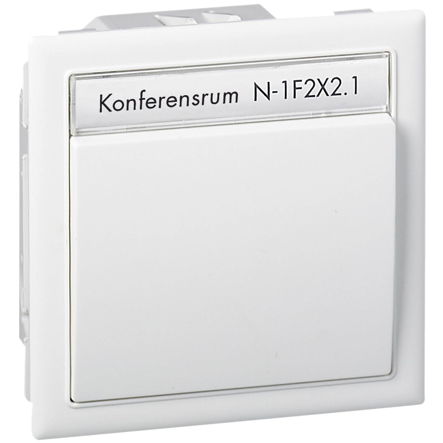 Lichtschalter mit Aufschrift 'Konferenzraum N-1F2X2.1'. Schalter ist in Weiß, rechteckig und klar gestaltet.