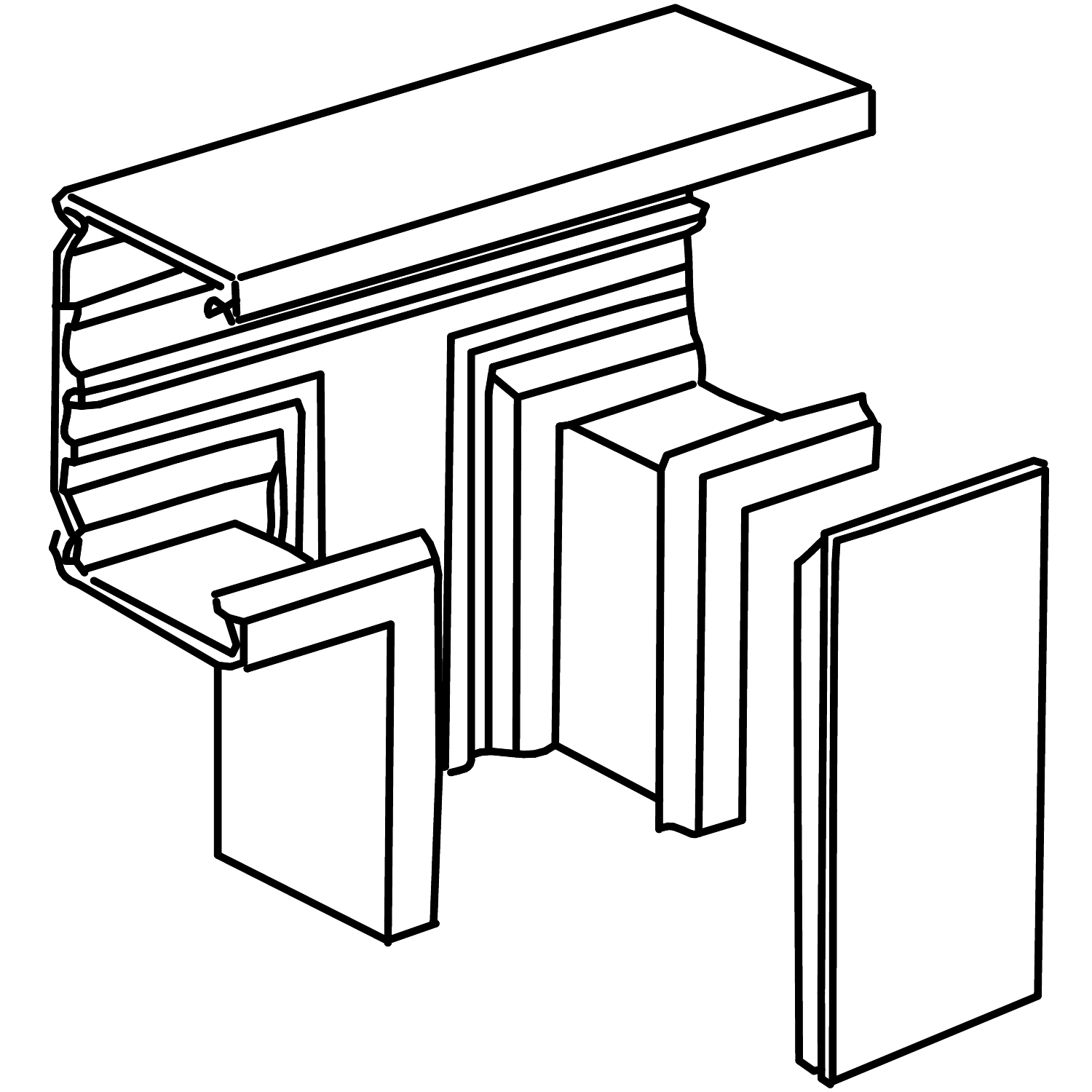 Strukturdiagramm eines dreiteiligen Kabelkanals, der die verschiedenen Komponenten wie Deckel, Basis und Seiten zeigt.