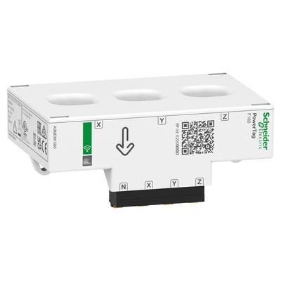 Ein weißes elektronisches Gerät mit der Aufschrift 'Schneider Electric'. Es enthält QR-Codes und Pfeilsymbole für die Installation.
