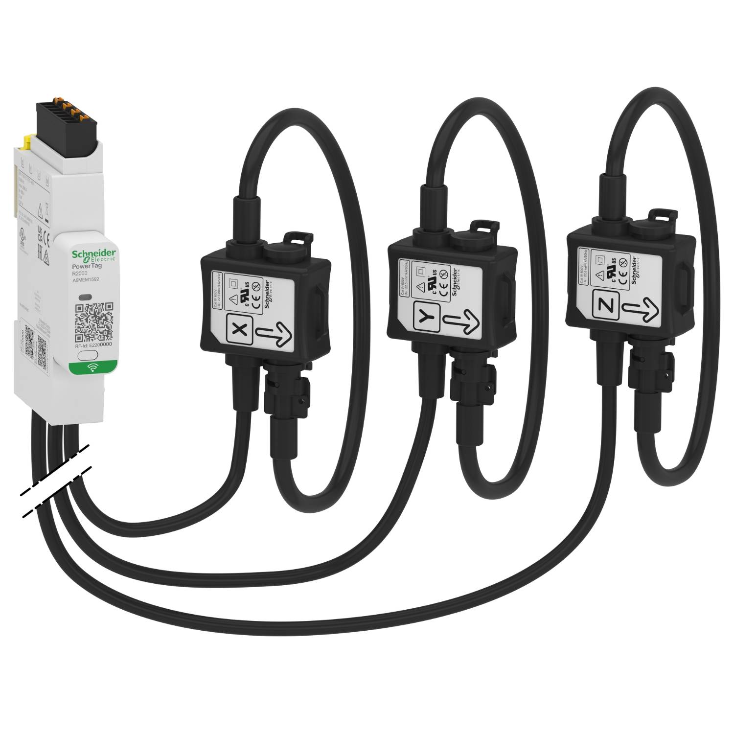 Ein Stromsensor mit drei angeschlossenen Kabeln, die jeweils mit 'L', 'M' und 'N' markiert sind, zur Stromüberwachung in einem System.