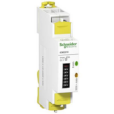 Stromzähler von Schneider Electric, Modell iEM2010, misst bis zu 40A. Weißes Gehäuse mit gelbem Element.