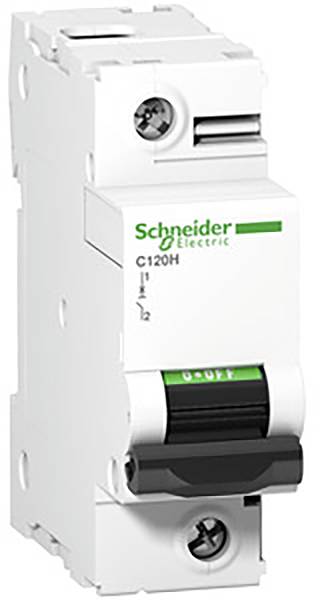 Ein weißer Leistungsschalter der Marke Schneider Electric mit grünem Schriftzug. Er hat einen schwarzen Kippschalter im unteren Bereich.