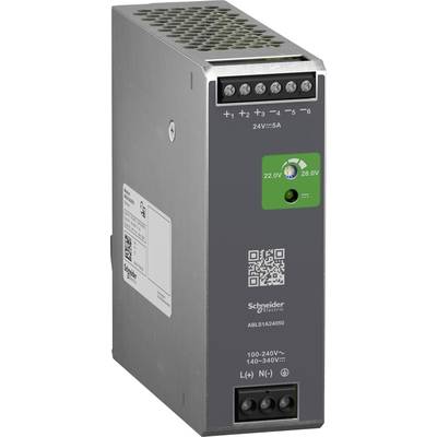 Ein silbernes Netzteil von Schneider Electric. Beschriftungen zeigen Eingangsspannung von 100–240V und Ausgangsspannung von 24V bei 5A.