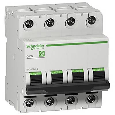 Ein vierpoliger Leistungsschutzschalter von Schneider Electric mit grünem Logo und Beschriftung für elektrische Sicherheit.