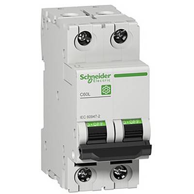 Ein zweipoliger Leitungsschutzschalter von Schneider Electric, C60L-Serie, mit 'ON' und 'OFF'-Schalterpositionen markiert.