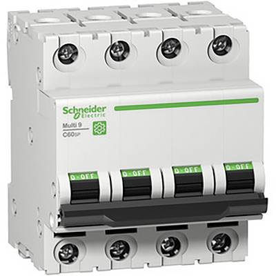 Ein vierpoliger Schutzschalter von Schneider Electric mit der Aufschrift 'Multi 9 C60N', grüne Hebel auf 'O' (aus).