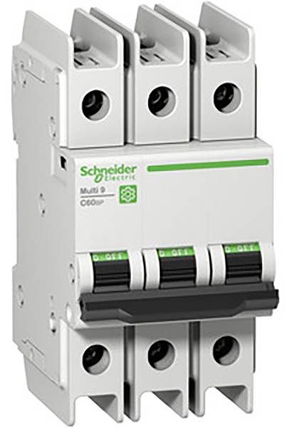 Dreipoliger Leistungsschalter von Schneider Electric, Modell Multi 9 C60SP, mit grünen Ein-/Aus-Schaltern, geeignet für elektrische Schutzanwendungen.