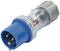 Blauer dreipoliger Stecker mit durchsichtigem Schutzgehäuse, vermutlich für industrielle Anwendungen.