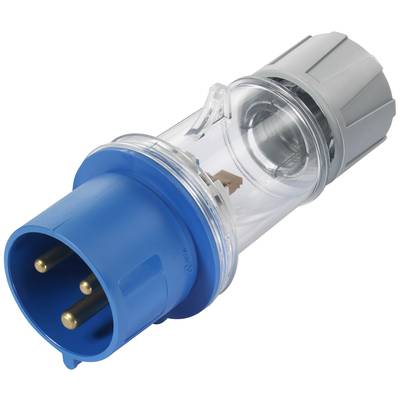 Ein blauer dreipoliger Stecker mit durchsichtigem Gehäuse. Geeignet für industrielle Anwendungen, zeigt die Steckerverbindungen.