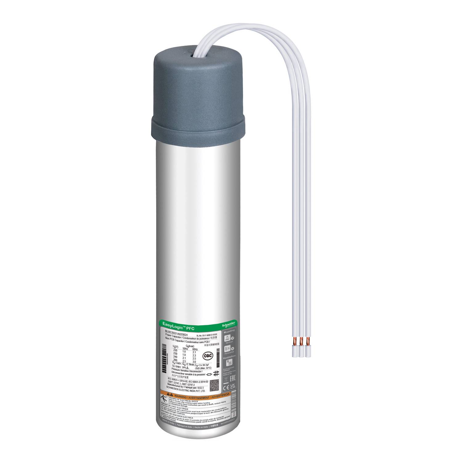 Zylinderförmiger Wasserfilter mit Kabeln und Etikett mit technischer Spezifikation für Wasserfiltrationssysteme.