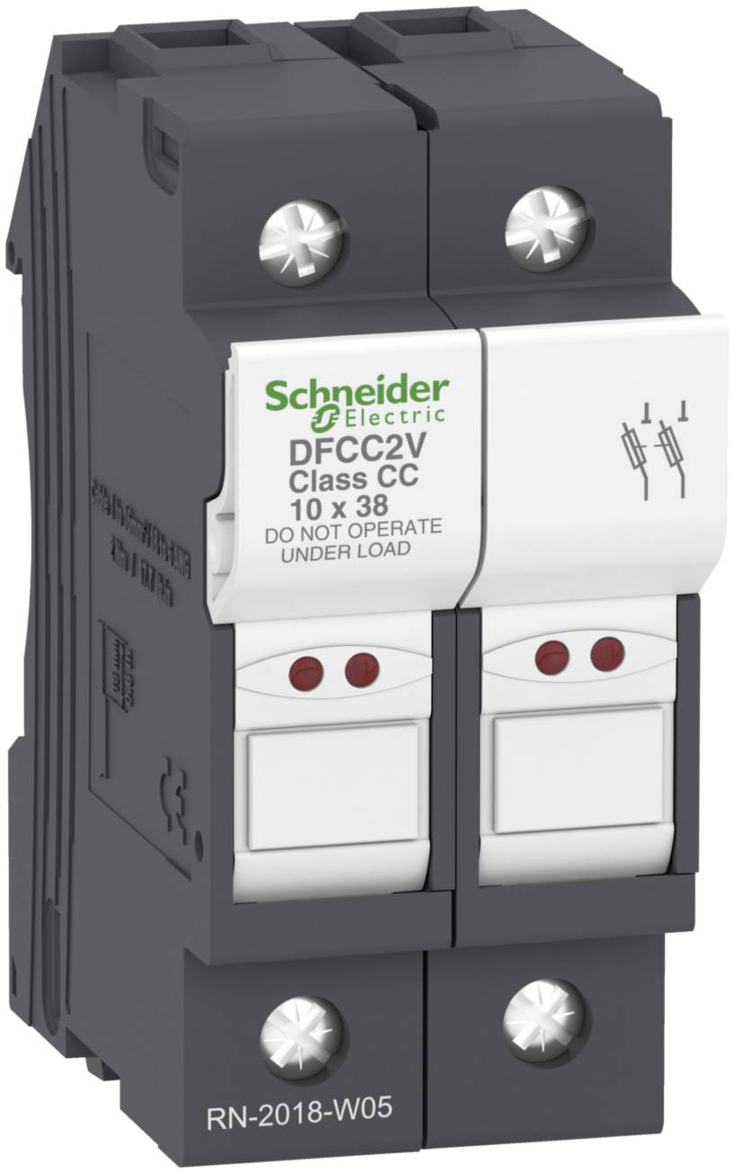 Ein schwarzer und grauer Sicherungsautomat von Schneider Electric mit Aufschrift: 'Class CC, 10 x 38, DO NOT OPERATE UNDER LOAD'.