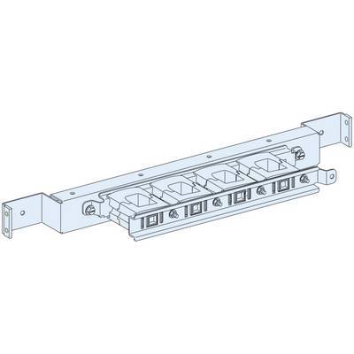 Ein technisches Diagramm zeigt eine vierfache Steckdosenleiste für 19-Zoll-Rackmontage mit Befestigungsschienen und Halterungen.