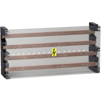 Metallschienen in einem Gehäuse mit einem gelben Warnsymbol für elektrische Spannung.