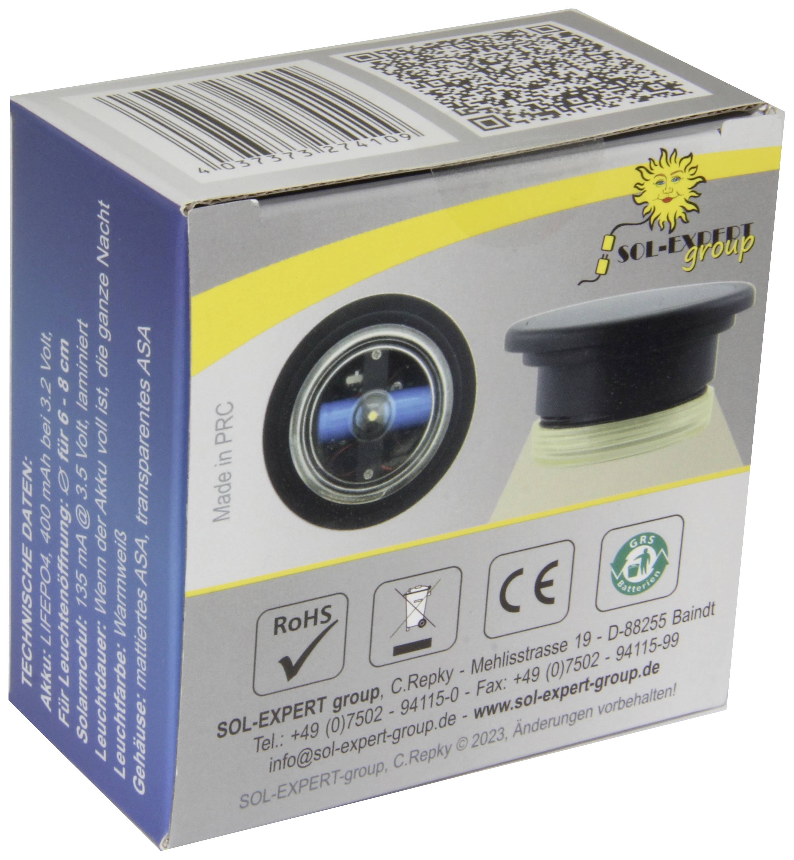 Verpackung einer Solartechnik-Komponente mit technischem Text, Firmenlogo und Kontaktinformationen der SOL-EXPERT group.