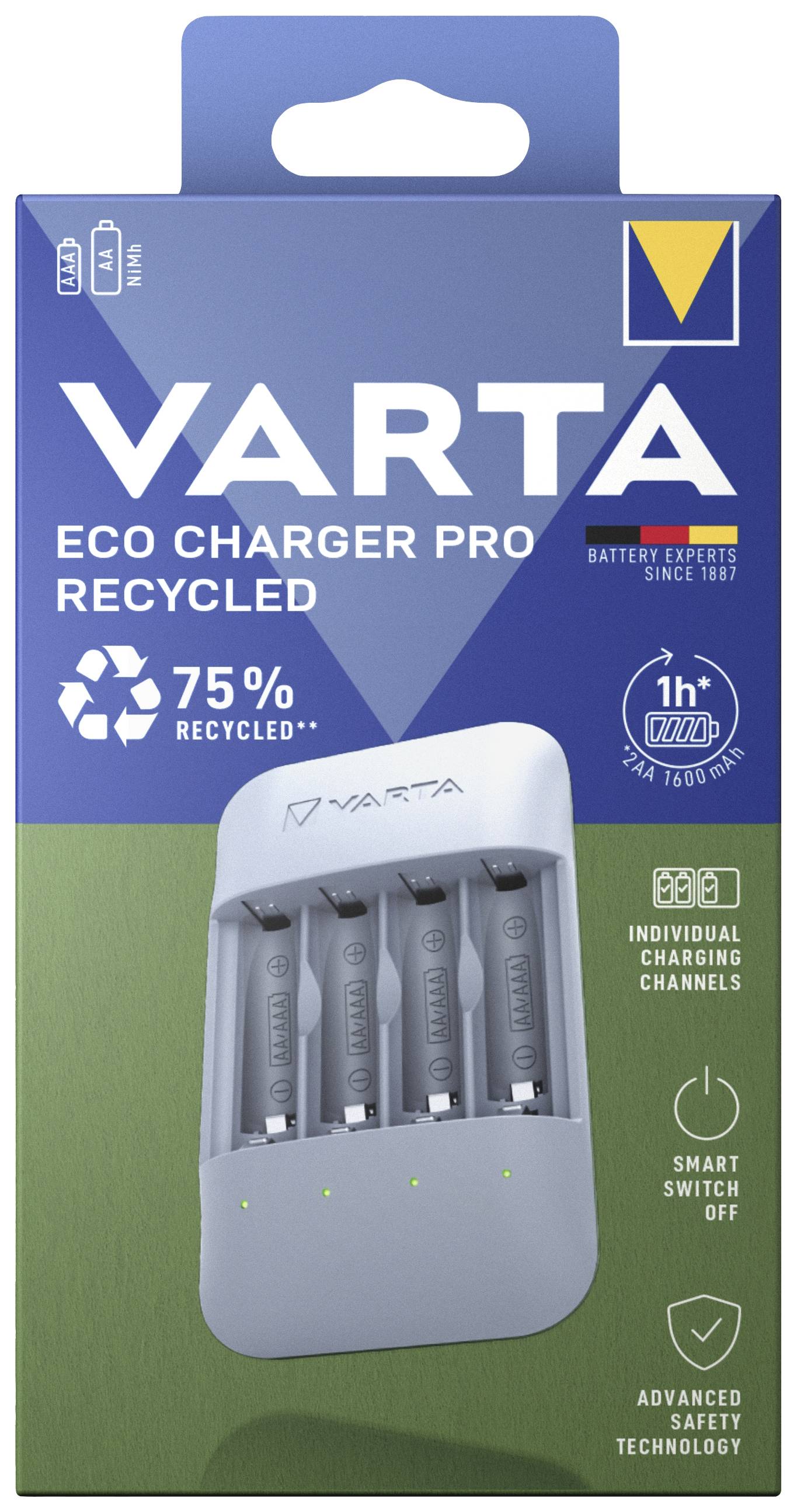 'Varta Eco Charger Pro': Ladegerät für AA- und AAA-Akkus, 75% recycelt, individuelle Ladekanäle, Sicherheitsabschaltung.