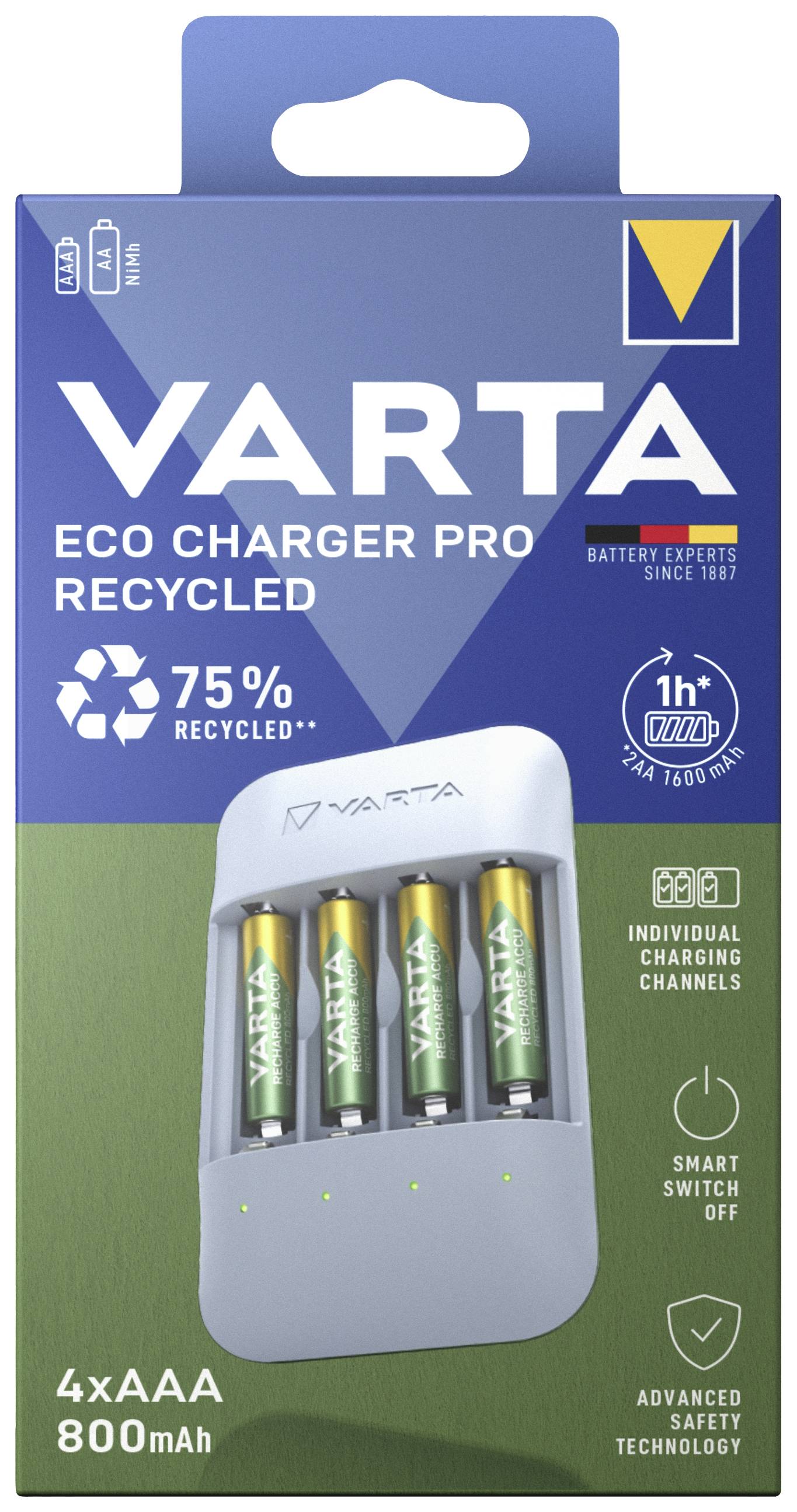 'VARTA Eco Charger Pro, recycelt, 4xAAA 800mAh, 75% recycelt, individuelle Ladezyklen, intelligente Abschaltung.'