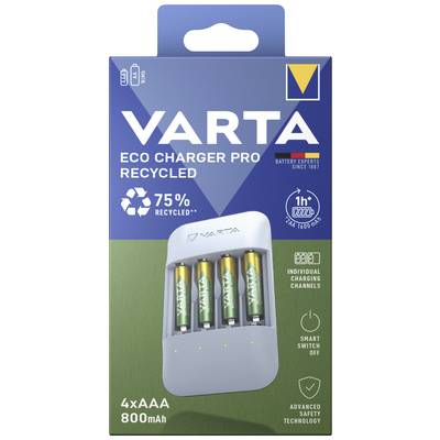 'VARTA Eco Charger Pro, recycelt, 4xAAA 800mAh, 75% recycelt, individuelle Ladezyklen, intelligente Abschaltung.'
