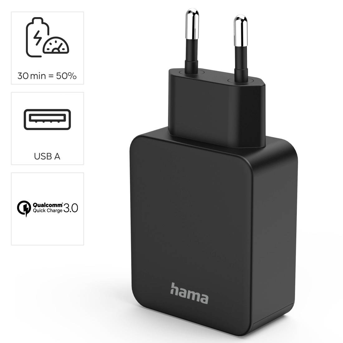 'Schwarzes Hama Ladegerät mit USB-A-Anschluss, unterstützt Qualcomm Quick Charge 3.0. 30 Minuten Ladezeit erreicht 50% Kapazität.'