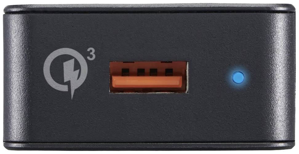 Schwarzes Schnellladegerät mit USB-Anschluss und blauem LED-Licht auf der Vorderseite, zeigt Symbol für Schnellerladen.