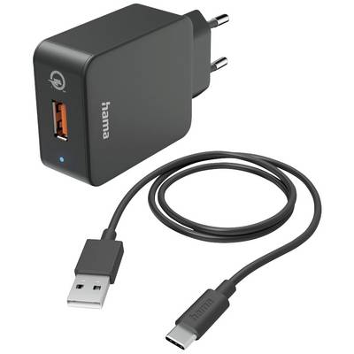 Schwarzes USB-Ladegerät mit EU-Stecker und abnehmbarem USB-C-Kabel. Enthält einen USB-A-Anschluss und 'hama'-Logo auf dem Gehäuse.