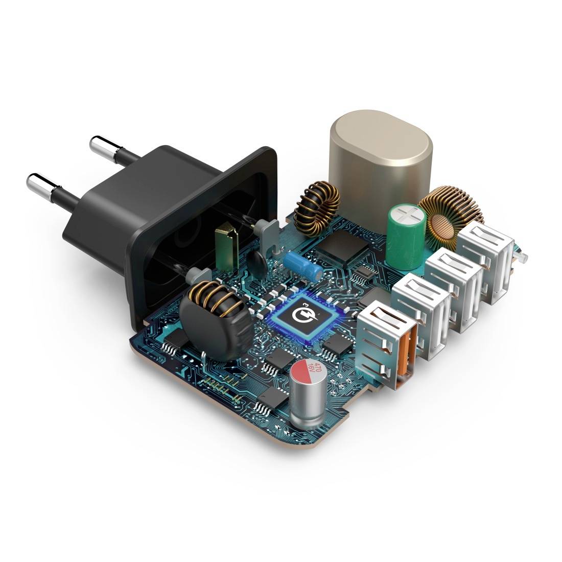 Ein elektronisches Gerät mit mehreren USB-Anschlüssen und einem europäischen Stecker, das auf einem Tisch liegt.