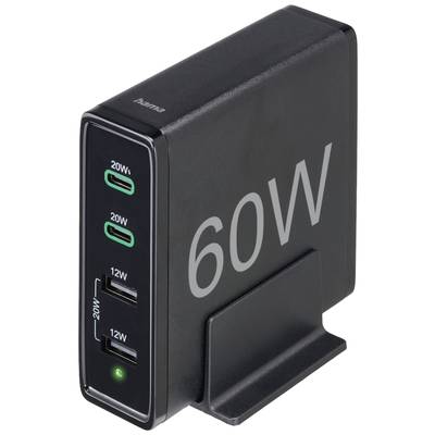 hama 00201628 Ladestation 4 Ports, Schnellladegerät, 2x USB-C, 2x USB-A, PD, 60 W, SW
