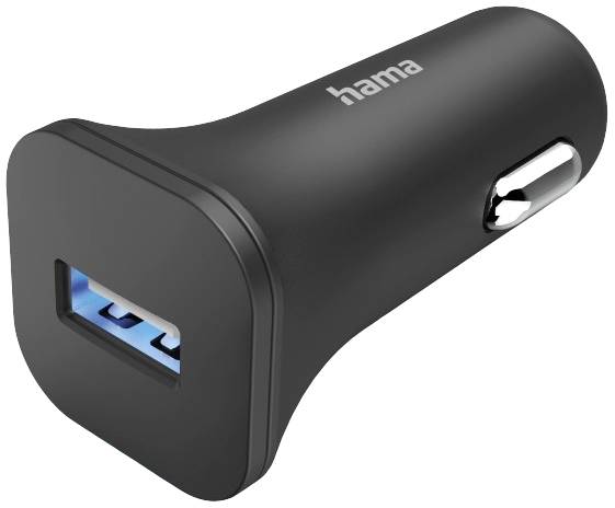 Schwarzes USB-Autoladegerät mit einem blauen USB-Anschluss und silbernem Detail an der Seite. Markenname 'hama' aufgedruckt.