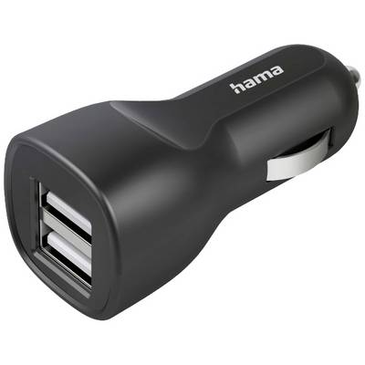 Schwarzes USB-Autoladegerät mit zwei USB-Anschlüssen, kompakte Bauweise, geeignet zum Aufladen von Geräten unterwegs.