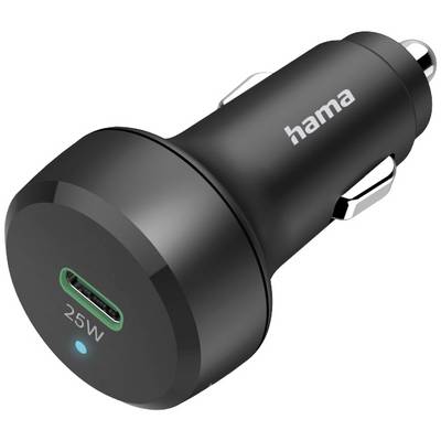 Schwarzes USB-C-Kfz-Ladegerät mit 25W von Hama, geeignet zum Schnellladen im Auto.