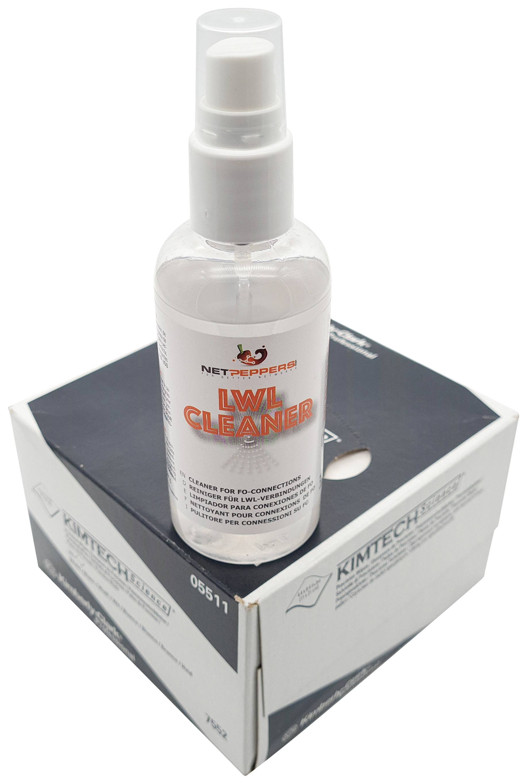 Ein transparentes Sprayfläschchen mit der Aufschrift 'LWL Cleaner' steht auf einer weißen Pappbox.