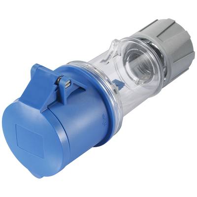 Ein blauer CEE-Stecker mit transparentem Teil und grauer Rückseite, verwendet für industrielle Stromverbindungen.