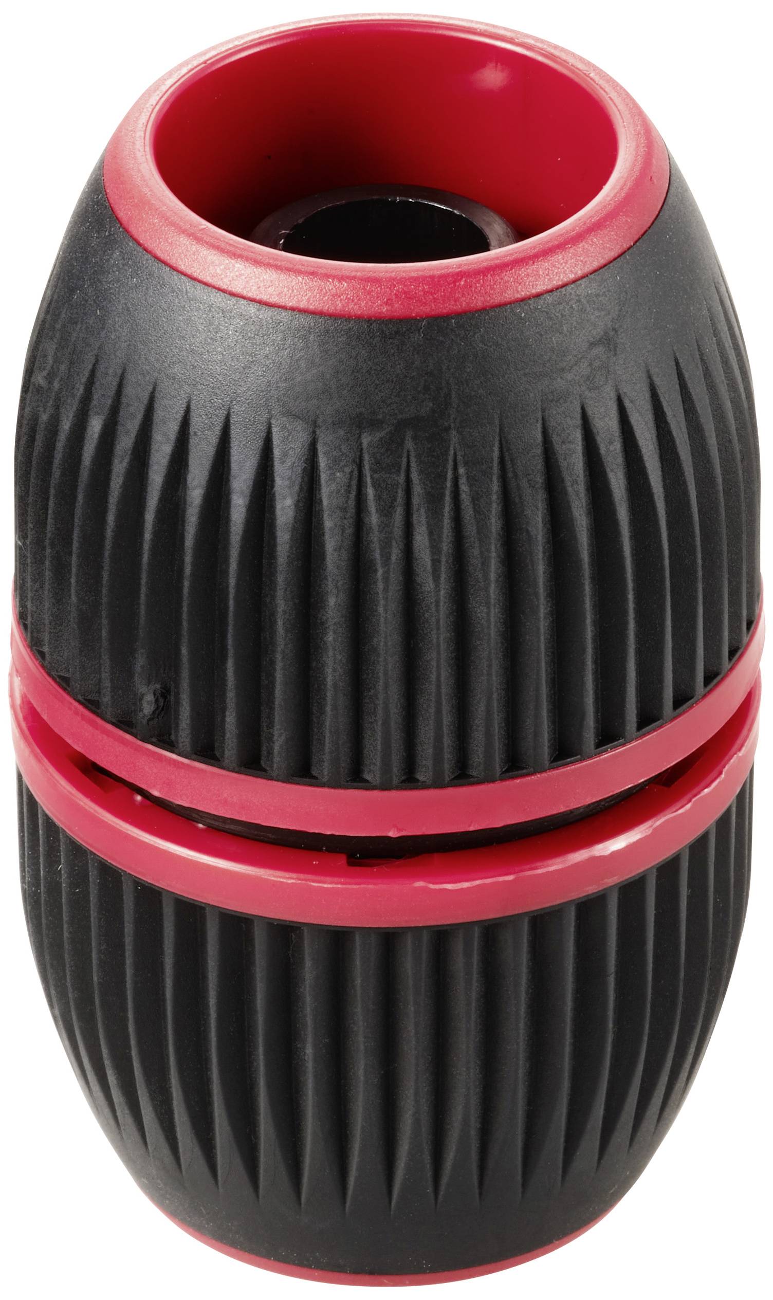 Schwarzer drehbarer Adapter mit roten Details, geripptes Design, wahrscheinlich für Anschlusszwecke in einem technischen oder mechanischen Kontext.