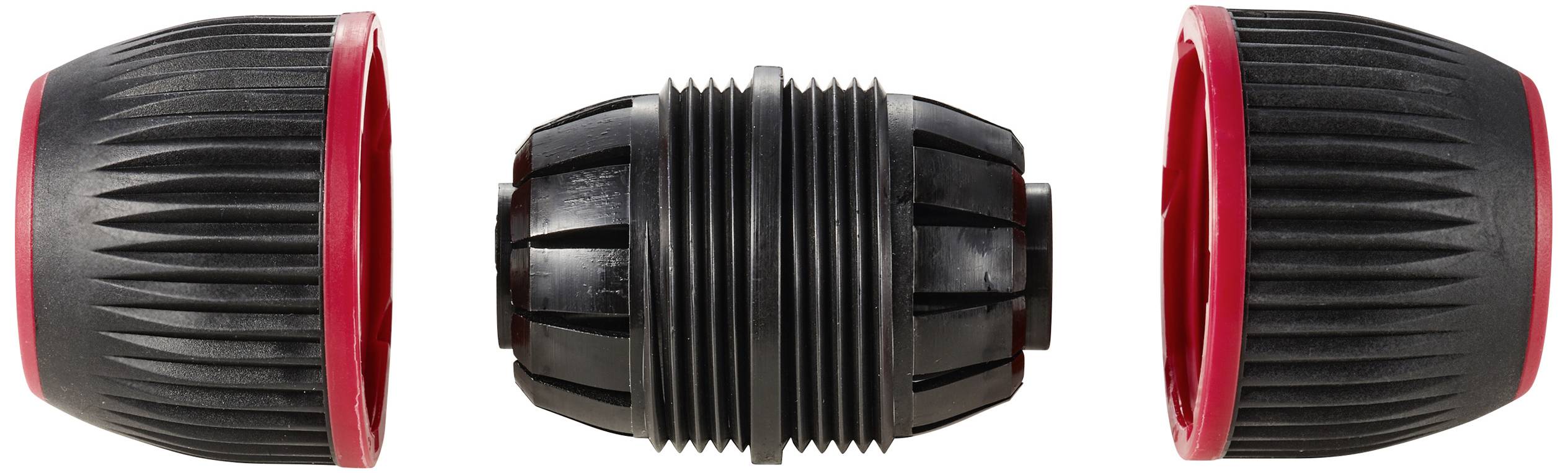 Drei schwarze Kunststoff-Verbindungselemente mit roten Innenringen auf weißem Hintergrund. Das mittlere Element hat ein gerilltes Design.